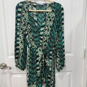 Zara Green and Black Patterned Long Sleeve Dress